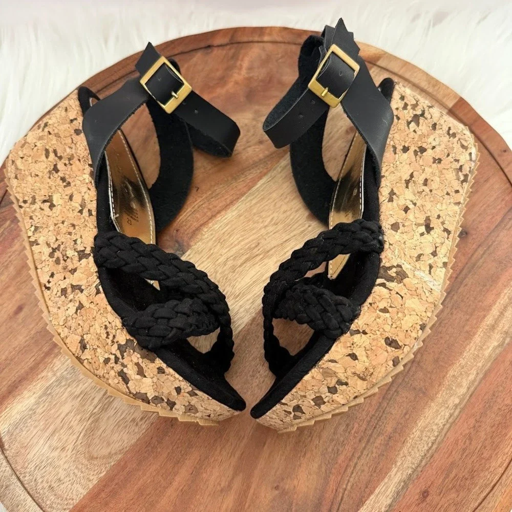 Alicia Leon Black Braided Platform Wedge Size 6 Sandals Cork Heel LIGHT WEIGHT